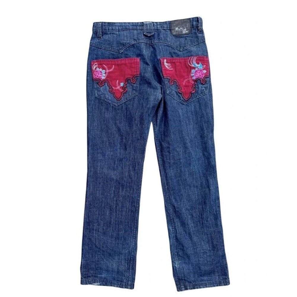 Western Boho Folk Antik Denim Embroidered Appliqué Pocket Straight Jeans Mens 36